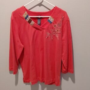 Floral Embroidered Long Sleeve Top - Coral